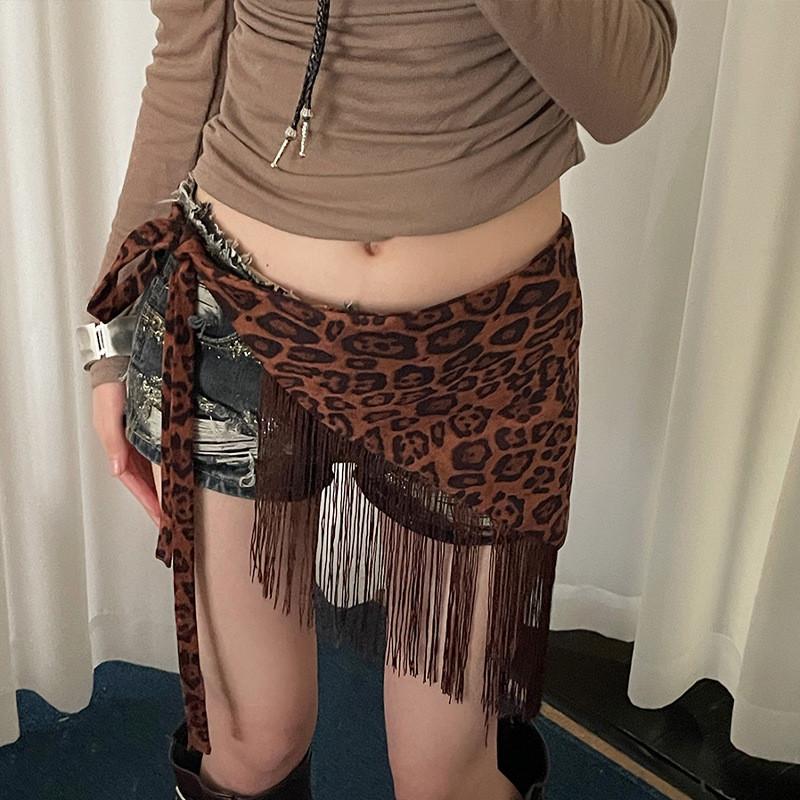 Y2k Leopard Print Tassel Gstring Panty With Wide Waist Belt For Summer Fashion