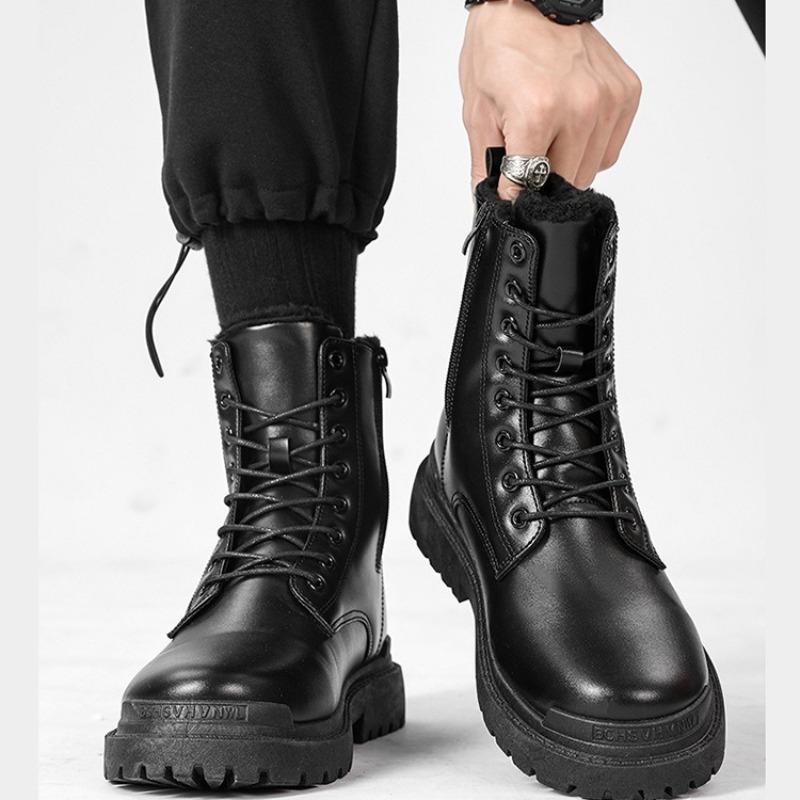 Мужские ботинки уличные водонепроницаемые кожаные ботинки классические черные ботинки с высоким голенищем плюшевые теплые зимние ботинки модные мотоциклетные ботинки для мужчин