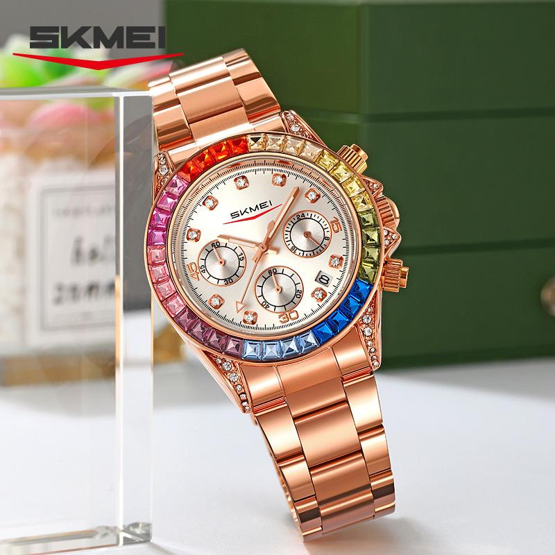 Часы Skmei многофункциональные шестистрелочные кварцевые часы разноцветные бриллианты модные ветровые женские часы стальной ремешок