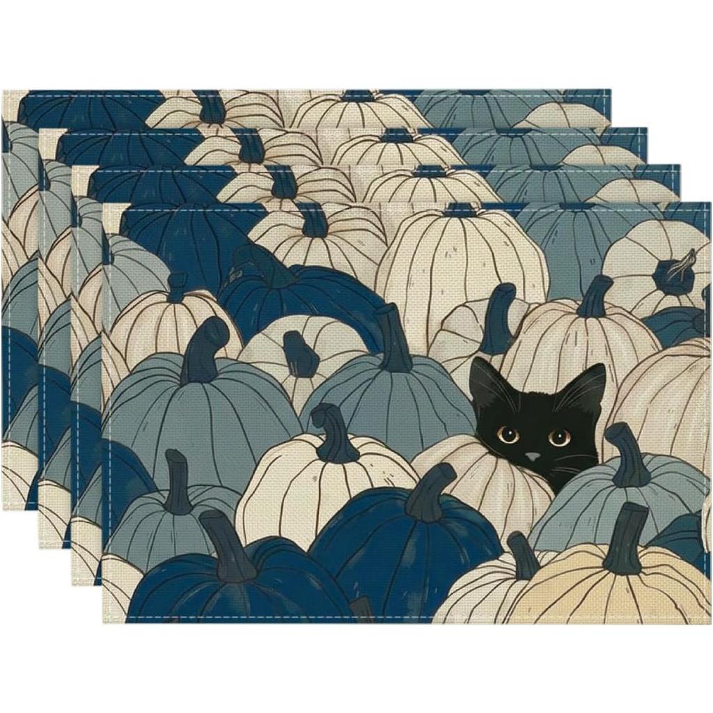 4pcs/6pcs Blue Pumpkin Cat Placemats Suitable for Fall Thanksgiving Table Decor, Autumn Table Mats with Pumpkin & Cat, Machine Washable Rectangular Pl