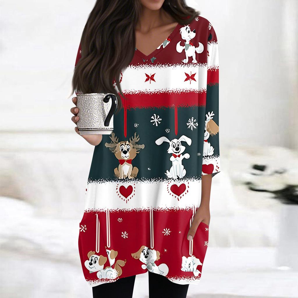 Женские топы с V-образным вырезом и рукавом 3/4, повседневные блузки средней длины, модные туники с рождественским принтом и карманами