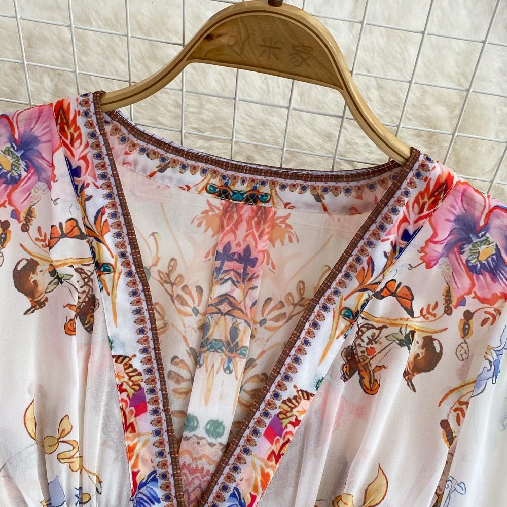 Однобортное свободное платье трапециевидной формы с длинными рукавами и V-образным вырезом на талии и принтом Temperament