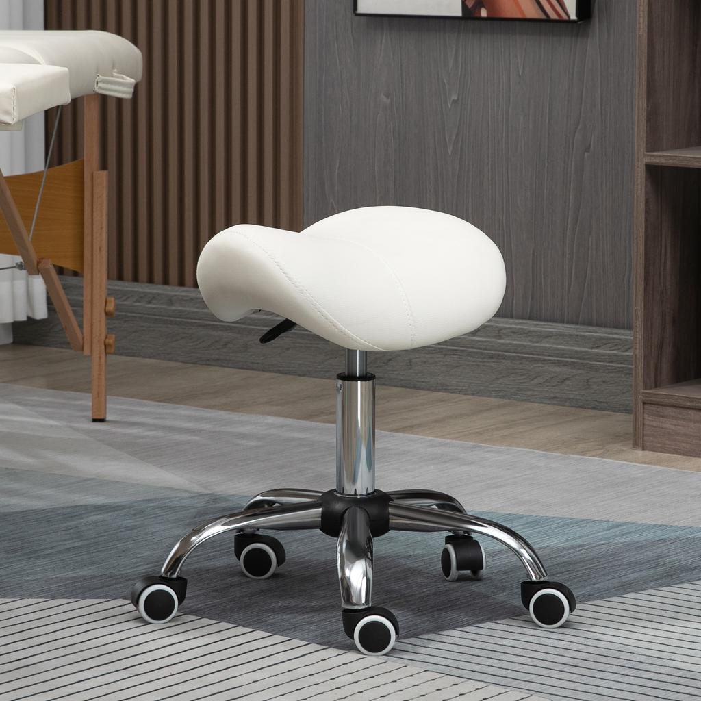 Cosmetic Stool 360 degrees Rotate Height Adjustable Salon Massage Spa Chair Hydraulic Rolling Faux Leather Saddle Stool, Cream