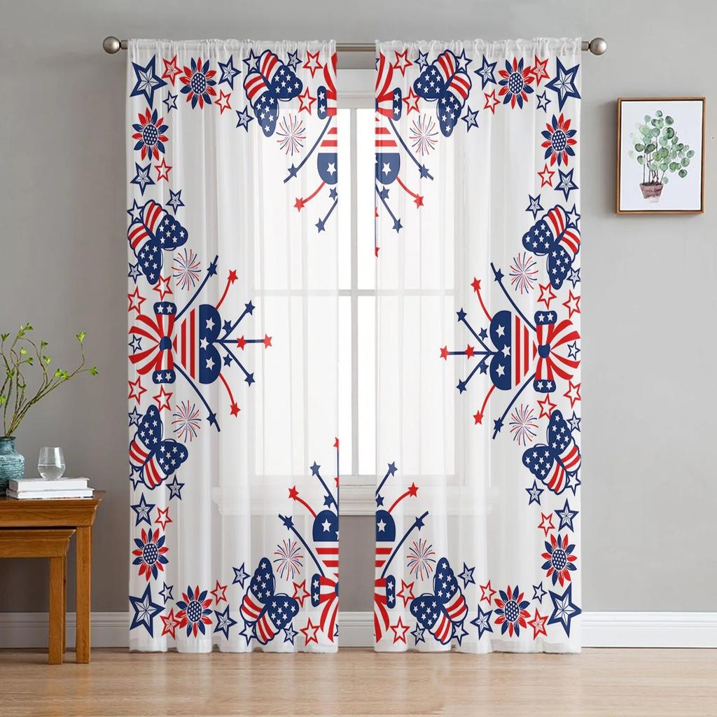 Independence Day Pentagram Sheer Window Curtains For Living Room Kitchen Children Bedroom Voile Hanging Curtain