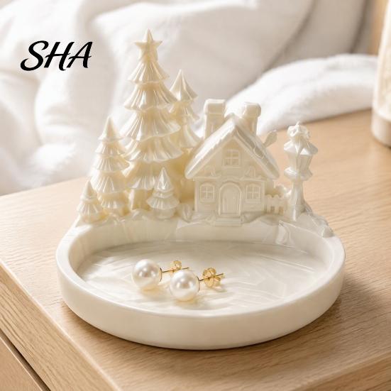 Winter Fairy Tale Desktop Tray Christmas Village Jewelry Tray, 3D Printed Snow House Pine Tree Decorative Dish, Minimalist Storage Container