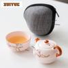 Pink Ru Kiln Hand Painted Flowers Travel Tea Set Kit Aesthetic 1 Pot 1 Cups Tea Maker Organizer Portable Picnic Tote Bag Gift
