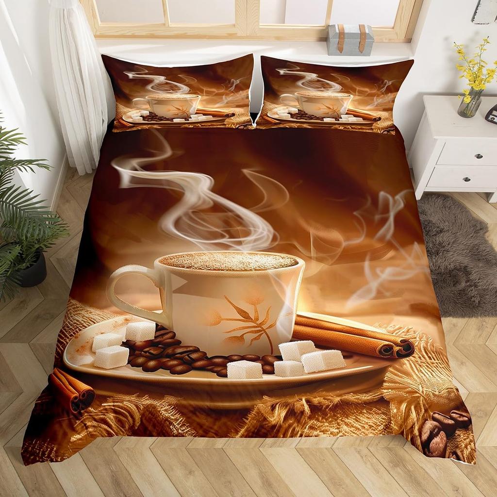 Пододеяльник с изображением кофейного напитка Queen King Cartoon Coffee Drink Cup Print Комплект постельного белья Coffee Lover Cover Modern Brown Quilt Cover