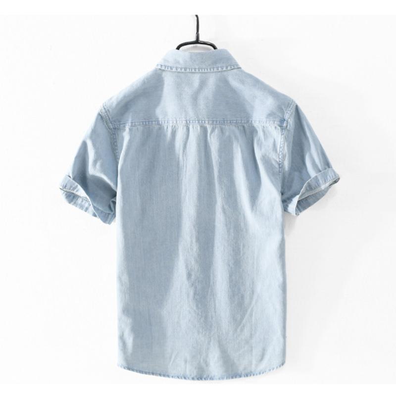 Летняя джинсовая рубашка с коротким рукавом, повседневная, в простом стиле, повседневная, джинсовая, мужская, топы, воротник с лацканами, карман, рубашка из чистого хлопка на пуговицах, молодежная, красивая