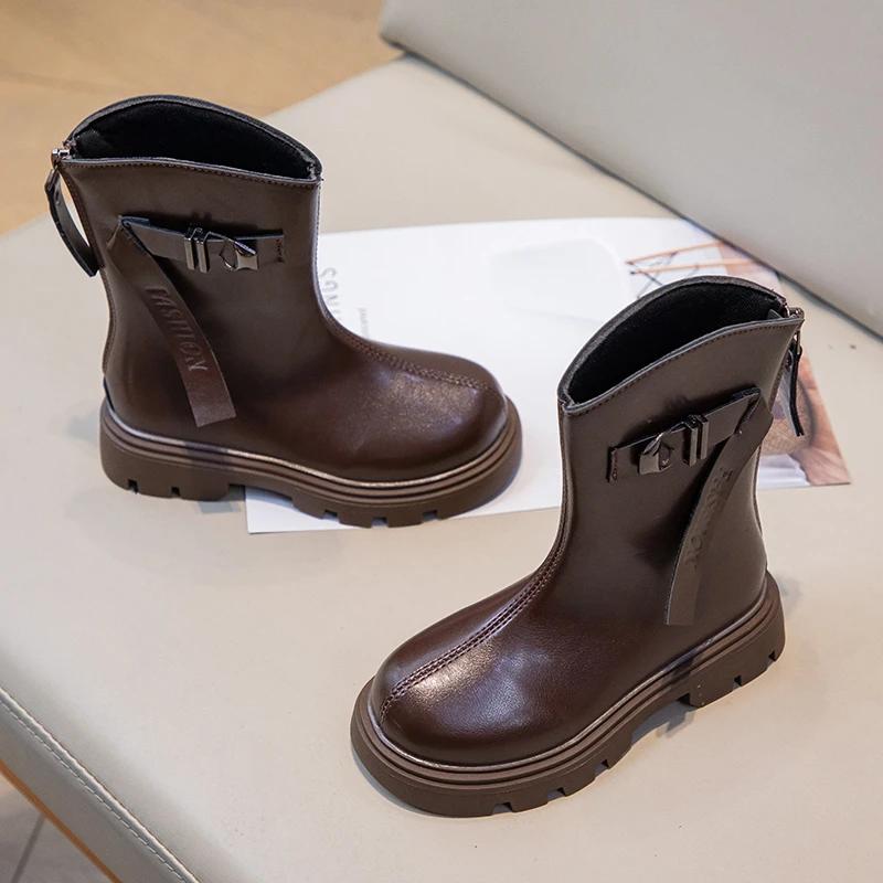 Новые детские ботинки, ботинки для девочек, матовые, однотонные, школьные, черные, весна-осень, модные детские кожаные ботинки по щиколотку, нескользящие