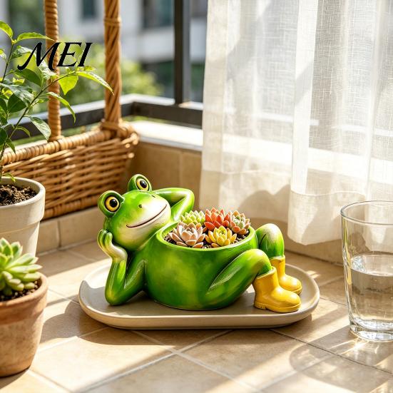Frog Flower Pot for Succulents Cute Lying Planter, Decorative Resin Plant Pot, Funny Indoor Desk Container Outdoor Small Plants Unique Gardening Gifts