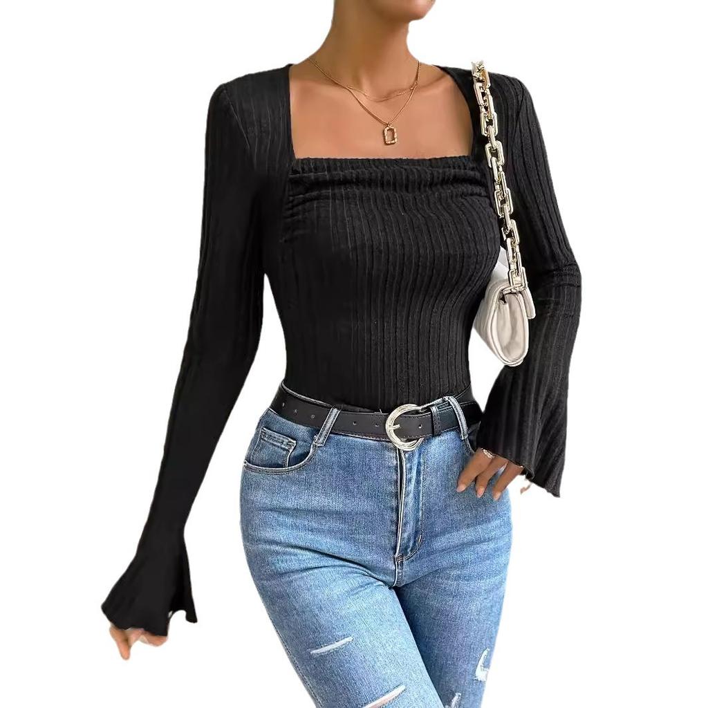 Топ женский 2024 Весенняя мода Открытые плечи пряжки ребристый повседневный простой длинный рукав облегающий повседневный топ одежда Y2K