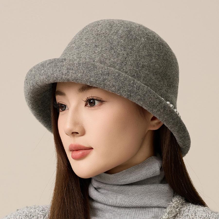 Pearl Wool Top Hat Women's Dome Hat Autumn Winter Warm Bucket Hat