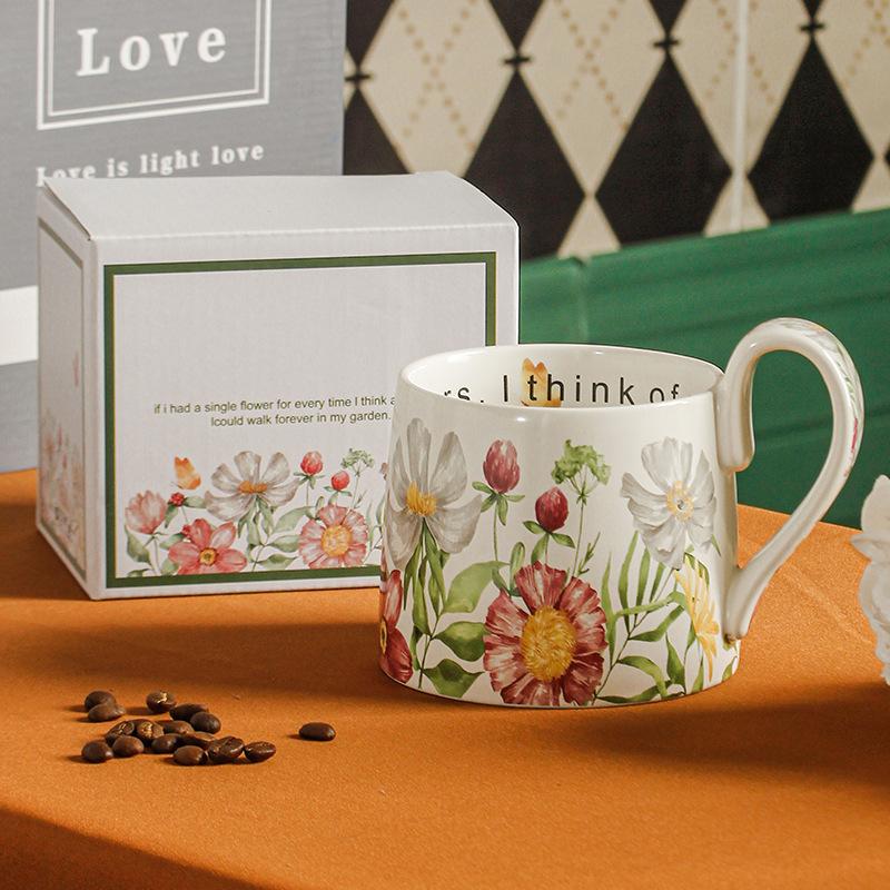 Hand Painted Cartoon Flower Large Capacity Mug Ceramic Cup High Value Coffee Cup Water Cup