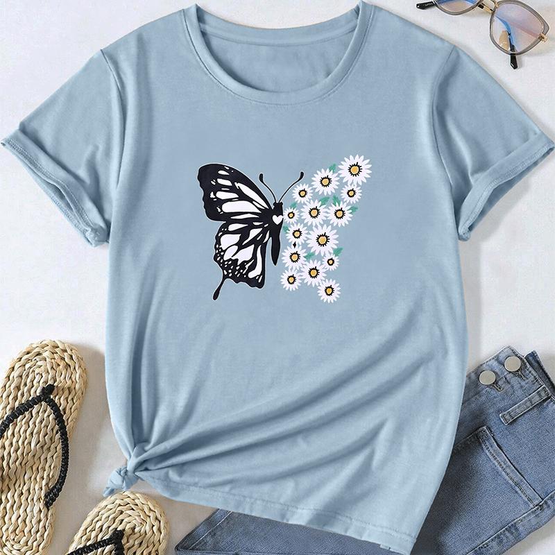 Fashion Women Animal Butterfly Print T Shirt Funny Casual O-neck Short Sleeves T-shirt Summer Female Tee Shirt