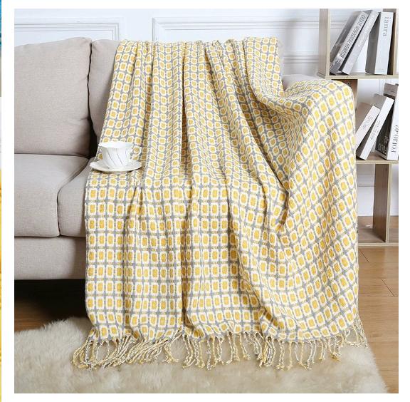 Simple Style Yellow Plaid Tassel Sofa Bed Cover Blanket Warm Soft Bedroom Home Chair Blanket