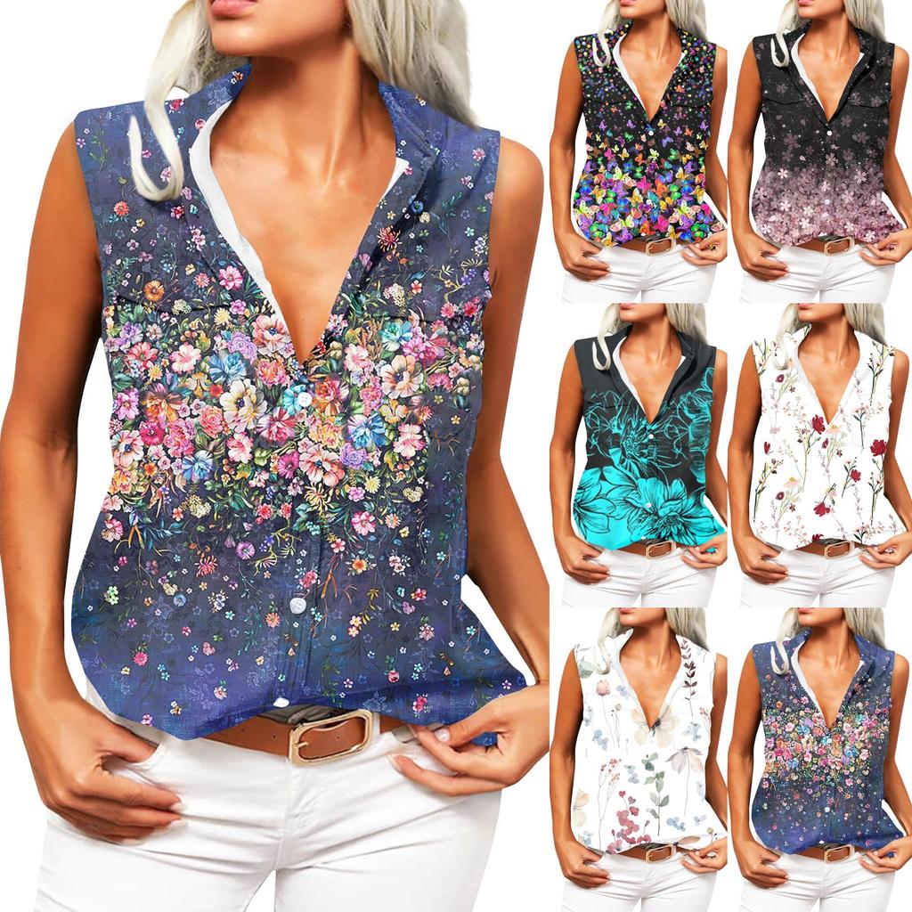 Women's Solid Lapel Sleeveless Tank Tops Summer Button Down Shirts Office Ladies Shirts