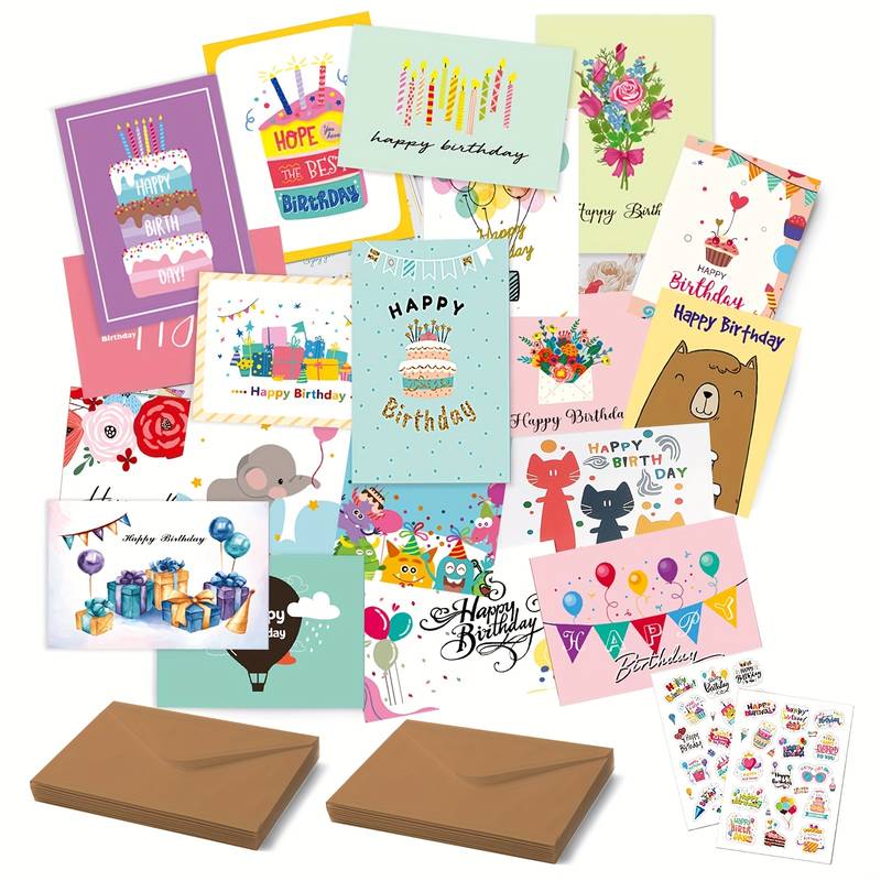 20 Pieces/set Cute Cartoon Birthday Cards with Envelope Sticker Birthday Party Invitation Greeting Card