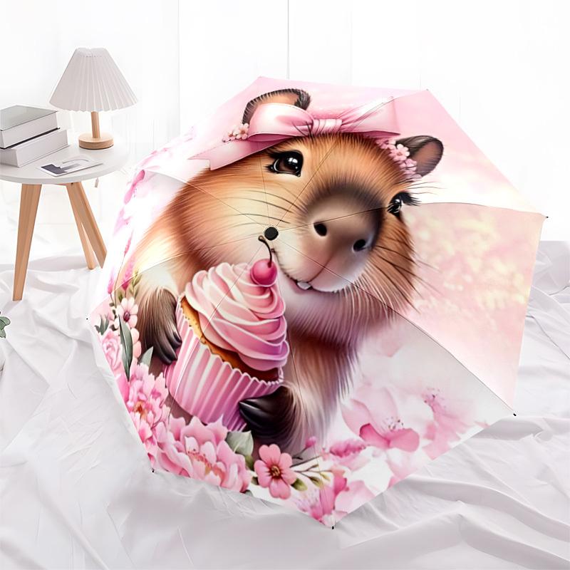 1pc Capybara Cupcake Automatic Opening/Closing Folding Umbrella with 8 Ribs,Windproof Portable Sunshade Umbrella Holiday gift yy260401038