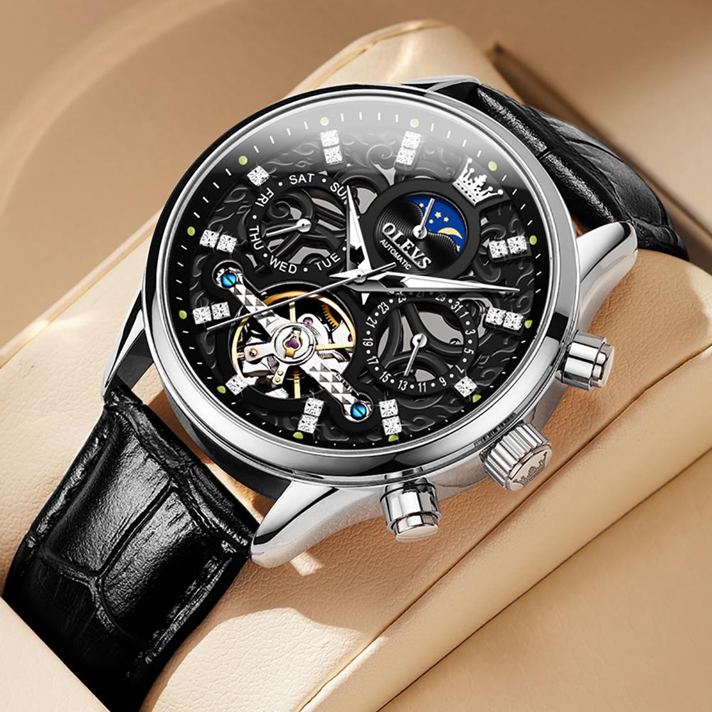 OLEVS Модные Мужские Автоматические Механические Часы Корпус Rose Gold Турбийон Скелет Дата Фазы Луны Водонепроницаемые Часы Reloj