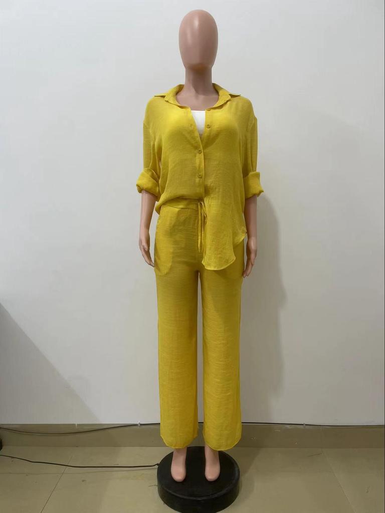 Y6020 Women's European & American Casual Two-Piece Set: Long-Sleeved Shirt & Straight Pants for Spring & Autumn 2024