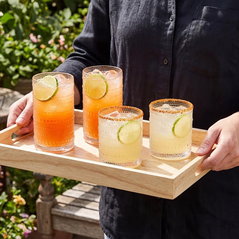 us12pcs Drinking Glasses, 12 Oz/10 Oz Highball Glasses &Juice Glasses, Clear Embossed Boho Glass Cups Kitchen Glassware Set For Coffee, Juice, Milk,