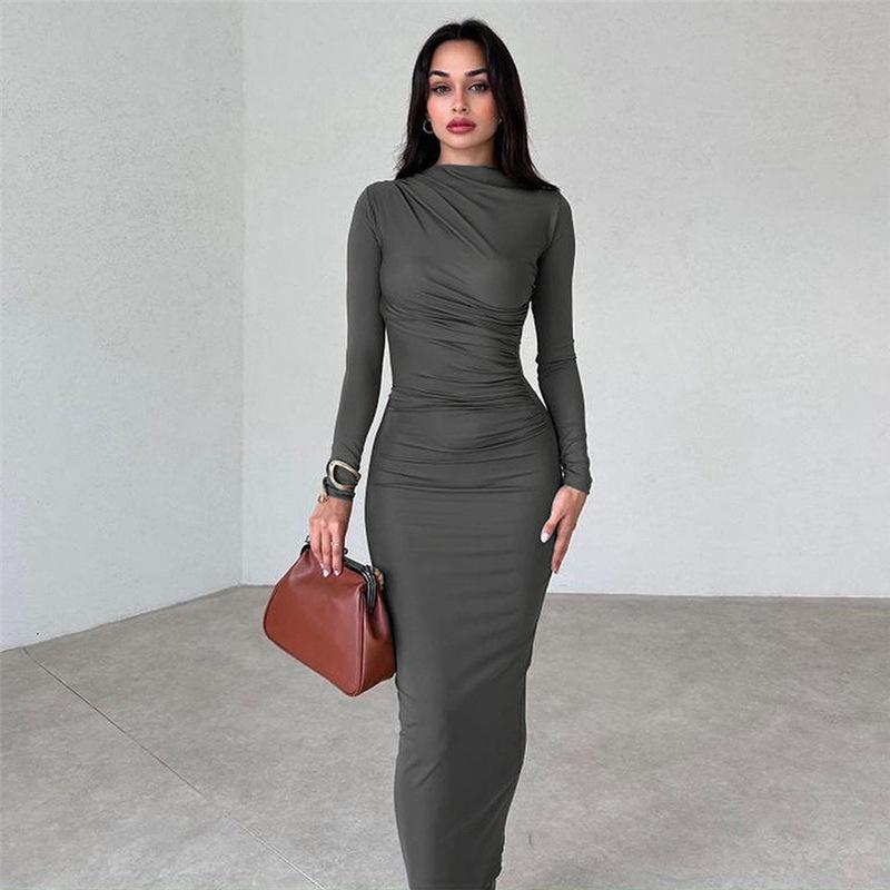 New Autumn and Winter Women's Fashion Round Neck Long Sleeve Slim Fit Hip Solid Color Temperament Dress