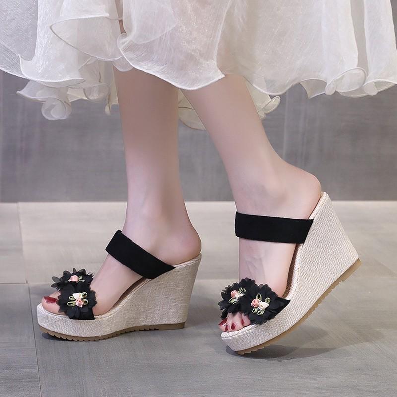 2024 Hot Selling Summer Women's Shoes Fashion Open Toe Large Size Cloth Flower Decorated Women's Super High Heel Slippers