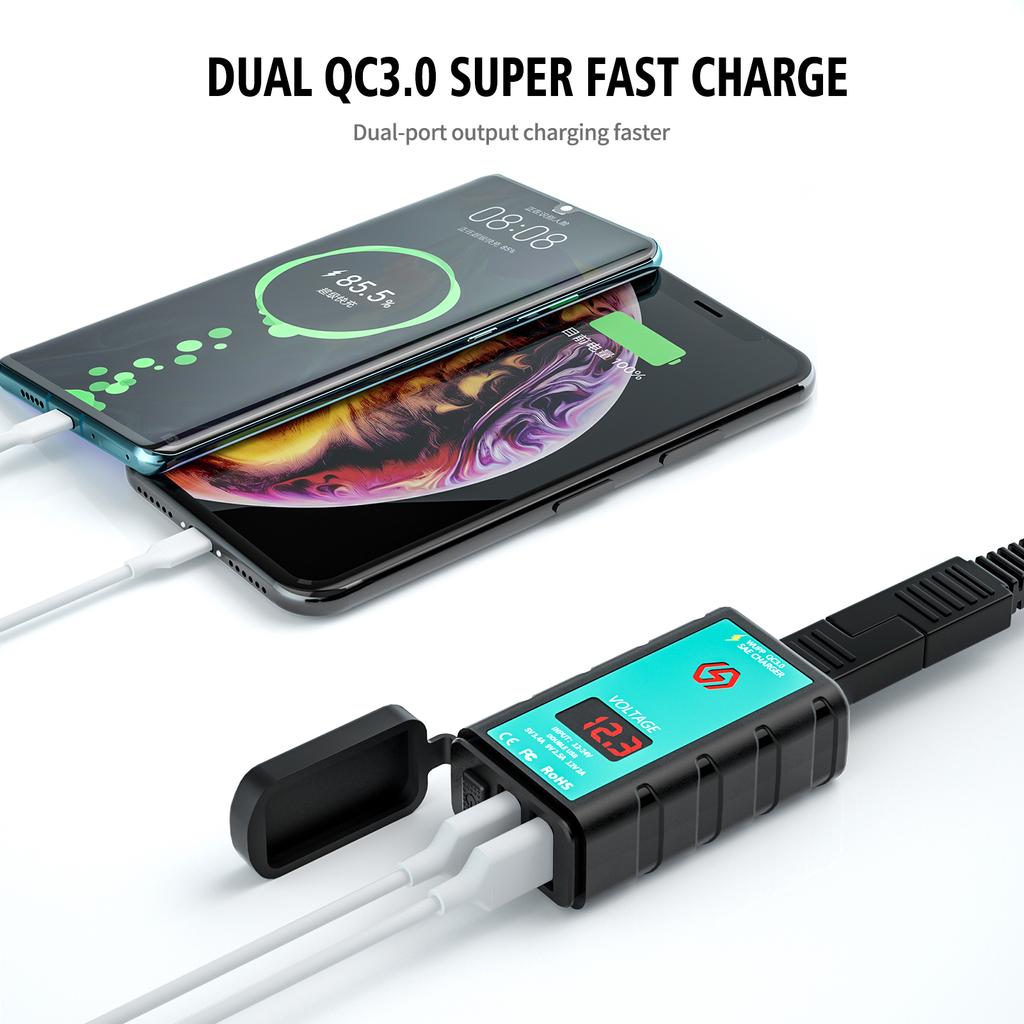 Мотоциклетное зарядное устройство с двумя USB-портами, DC12-24V Универсальное зарядное устройство на руль Мотоциклетное зарядное устройство для телефона с USB-портом для езды Мотоциклетное зарядное устройство для мобильного телефона с USB-портом