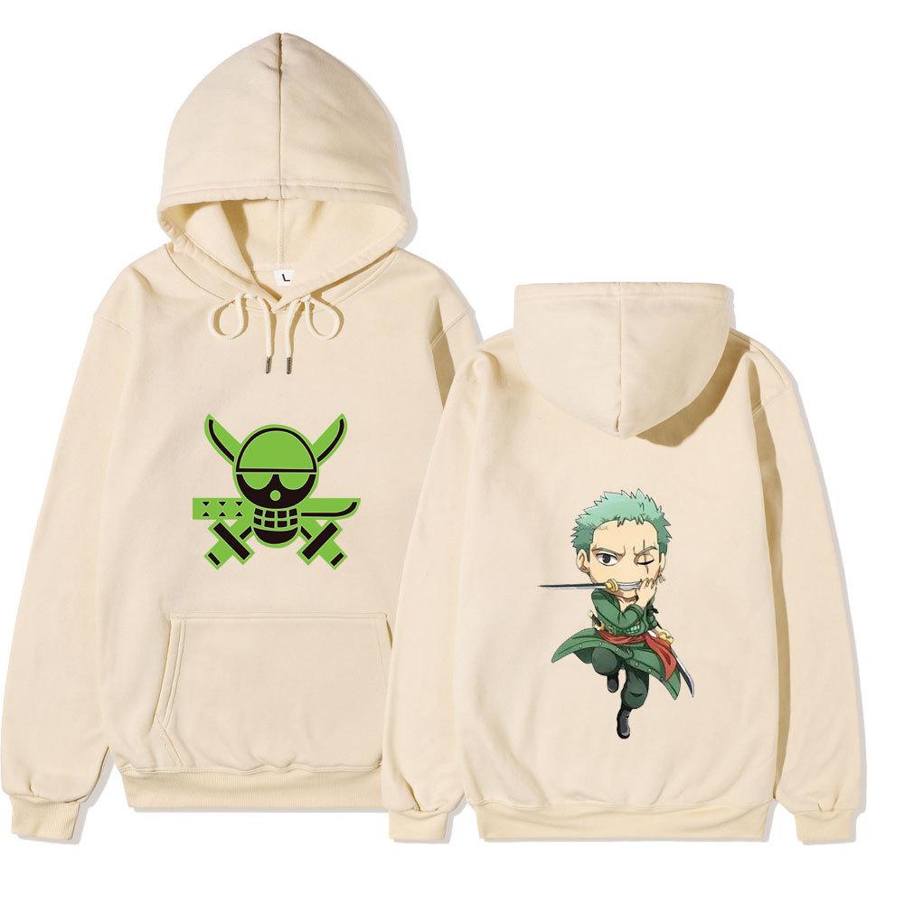 Unisex One Piece Roronoa Zoro Double‑Sided Print Fleece Hoodie, Pirate Skull on Front Chibi Zoro on Back Anime Pullover Hooded Sweatshirt Streetwear