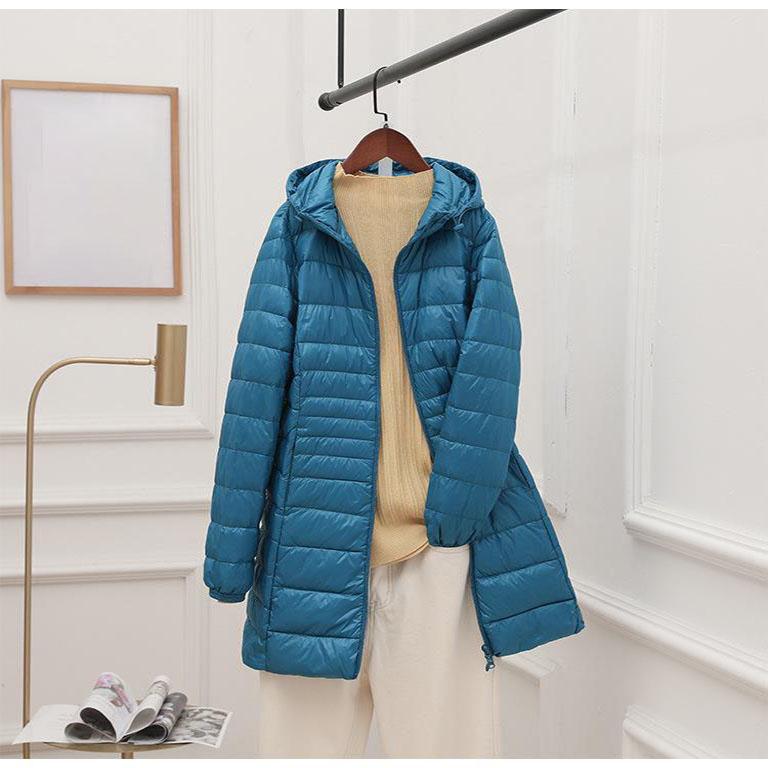 Женский длинный теплый пуховик с портативной сумкой для хранения, женский легкий пуховик, женские пальто длиной до бедра, High Street