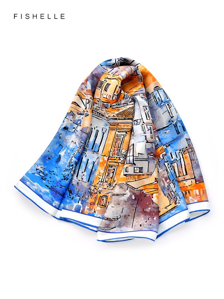 New Blue Yellow Watercolor Painted Printed Natural Silk Twill Square Scarf Women's Spring Autumn Real Silk Scarves Luxury Shawl