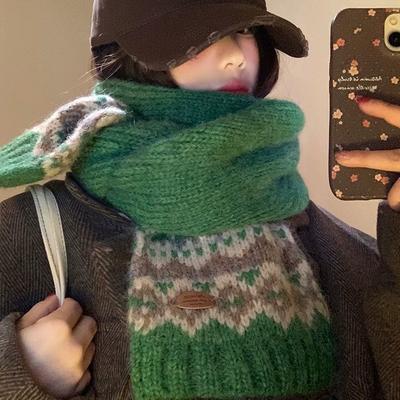Зеленый вязаный шерстяной шарф в стиле Fair Isle, женский, зимний, рождественская атмосфера, утолщенный, универсальный, теплый, холодостойкий, грелка для шеи