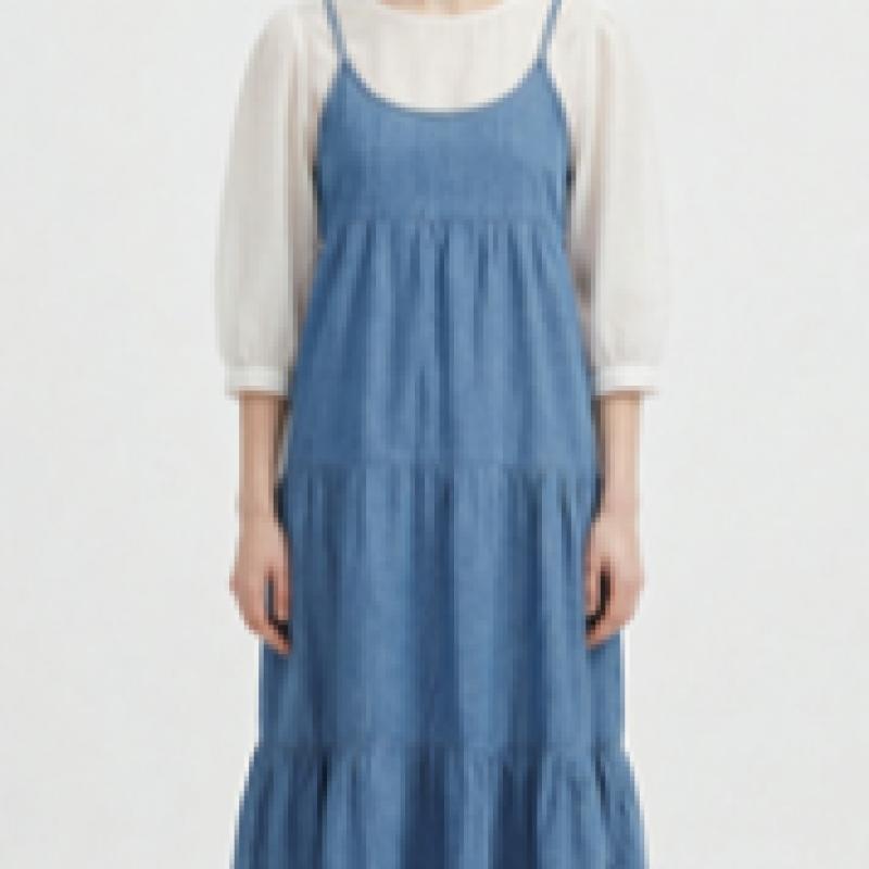 [Shop  ] Women S Strappy 3 Tier Cancan Denim Blue Long dreSS mSe Wdr 21185 Light Blue