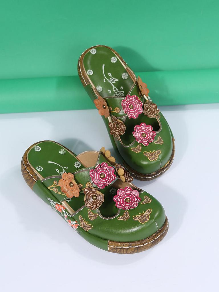 Women's Summer Ethnic Plum Blossom Platform Sandals with Thick Soles and Closed Toes, Non-Slip Design.
