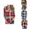 Women Vintage V-neck Loose Tops Long Sleeve Stylish T-shirt With Plaid Casual Design