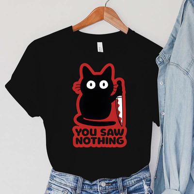 Футболки с принтом YOU SAW Nothing, женская одежда, топы в стиле Харадзюку, футболки с короткими рукавами с изображением кота, винтажные женские футболки с принтом ножа