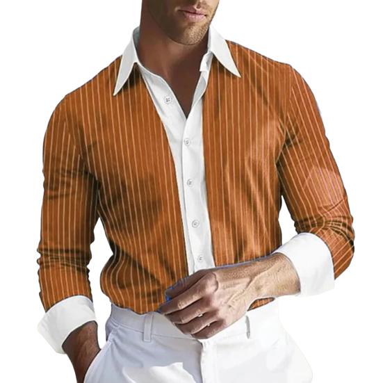 Men Shirt Long Sleeve Lapel Design Shirt Tops with Buttons Placket Striped Print Patchwork Color Work Shirt