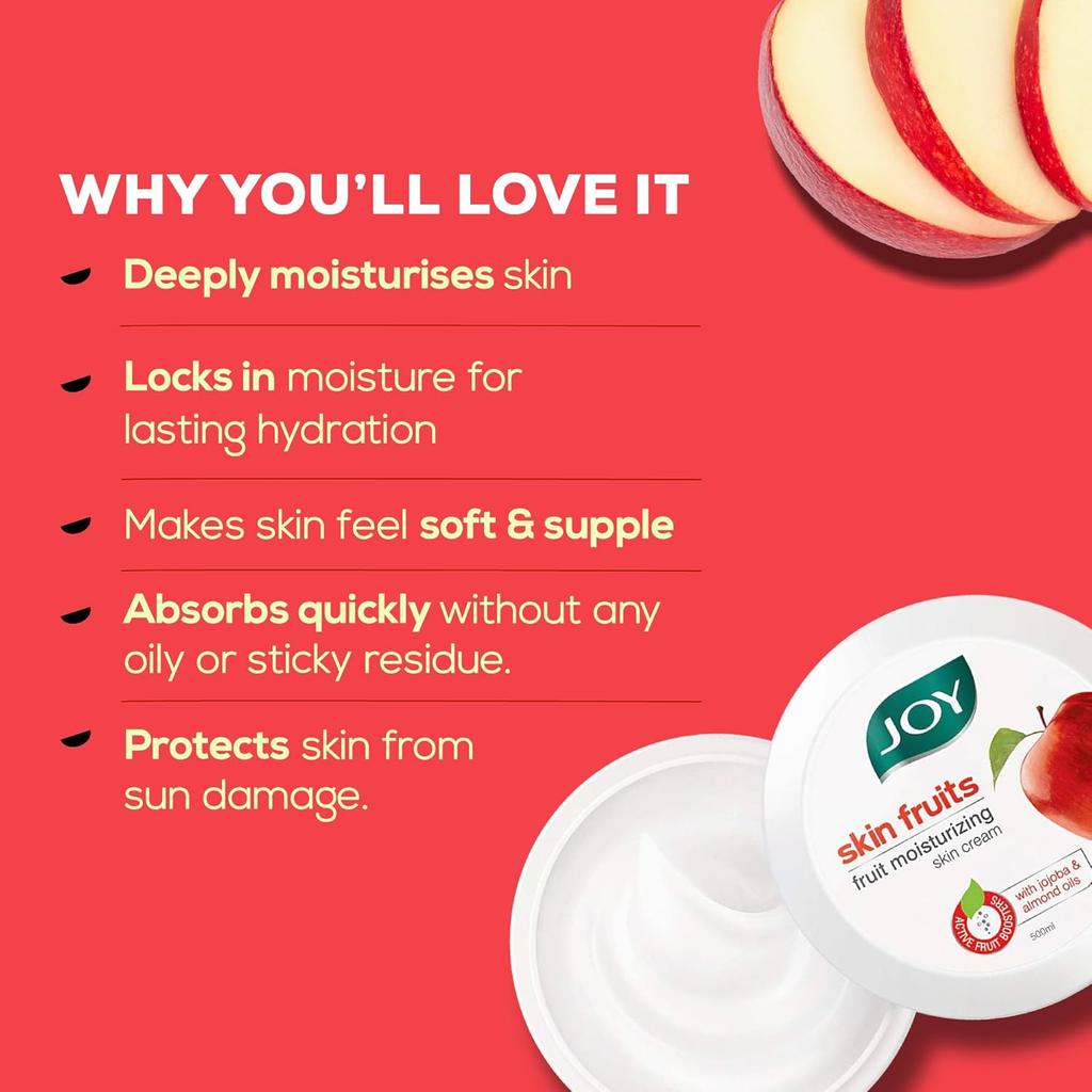 JOY Skin Fruits Moisturizing Cream With Apple Jojoba Almond Oil 500ml Pack of 1 - Quick Absorbing Non-Sticky Cold Cream for Face Hands Body