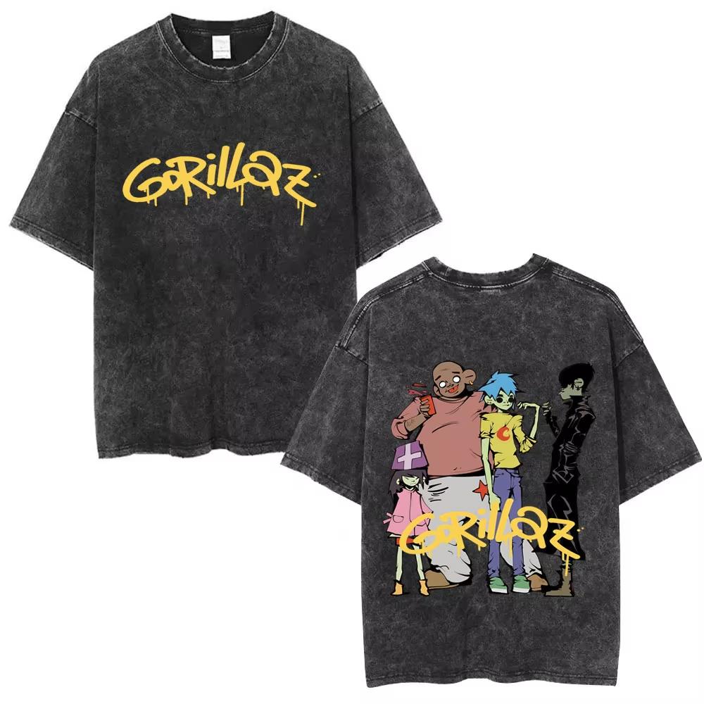 Washed Vintage Rock Band Gorillaz Album Graphic T-shirt Men's Women Hip Hop Fashion Oversized T Shirts Male Cotton Streetwear