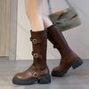 Comemore Brown Retro Thick-Soled Long Boots for Women Versatile Chunky Heel Retro Autumn Belt Buckle Platform Knee High Boots