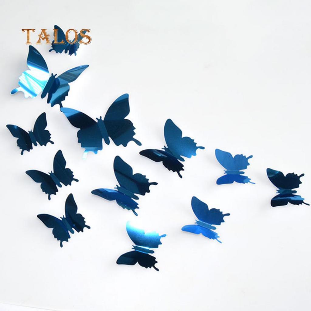 Talos 12Pcs/Set Mirror PVC Butterfly 3D Single Layer Wall Art Sticker Removable Home Decor