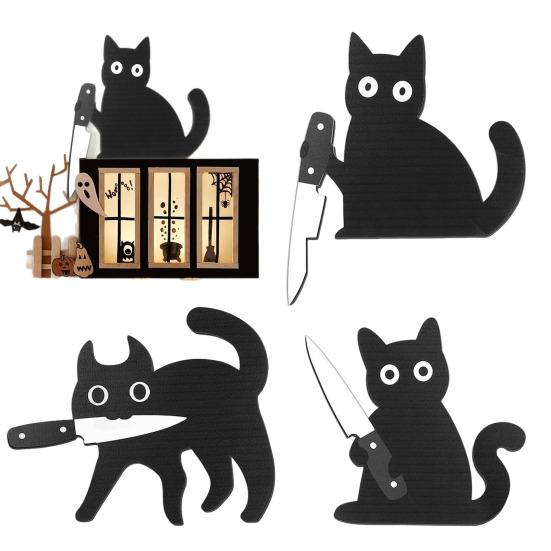 3Pcs/Set Holding Cutter Black Cat Decoration Farmhouse Rustic Wooden Halloween Cat Wall Art Home Bedroom Living Room Door Frame Decorative Sign