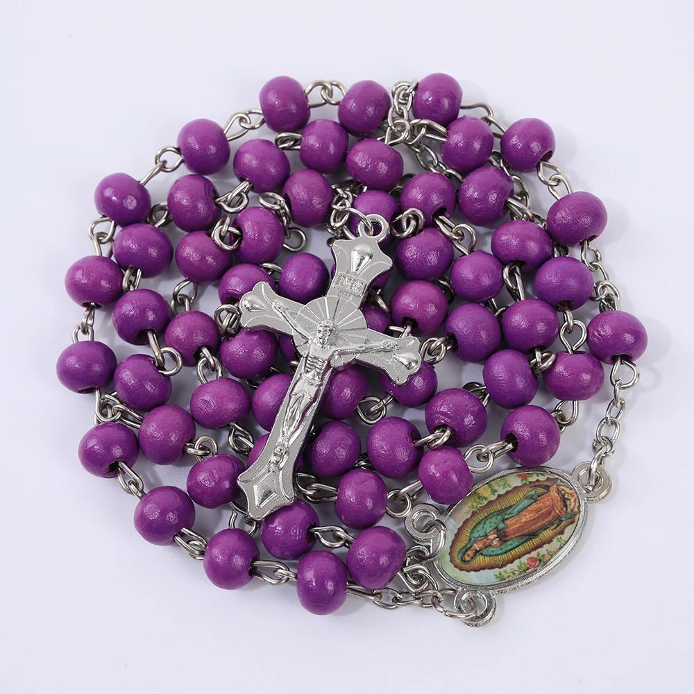 Деревянные четки-ожерелье для женщин и мужчин, религиозный кулон с крестом Девы Марии, длинная цепочка из бусин 6 мм, католическая молитвенная вечеринка, ювелирные изделия