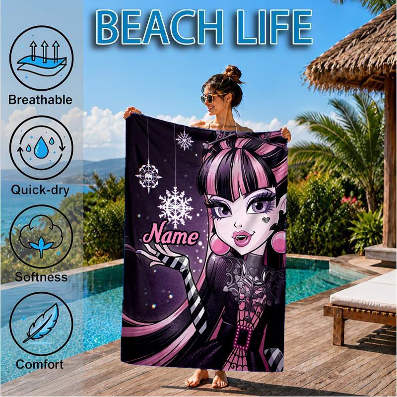 Custom Name Monster High Winter Fantasy Beach Towel Microfiber Beach Towel, Lightweight and Quick-Dry, for Summer Travel, Swimming Pool Gift
