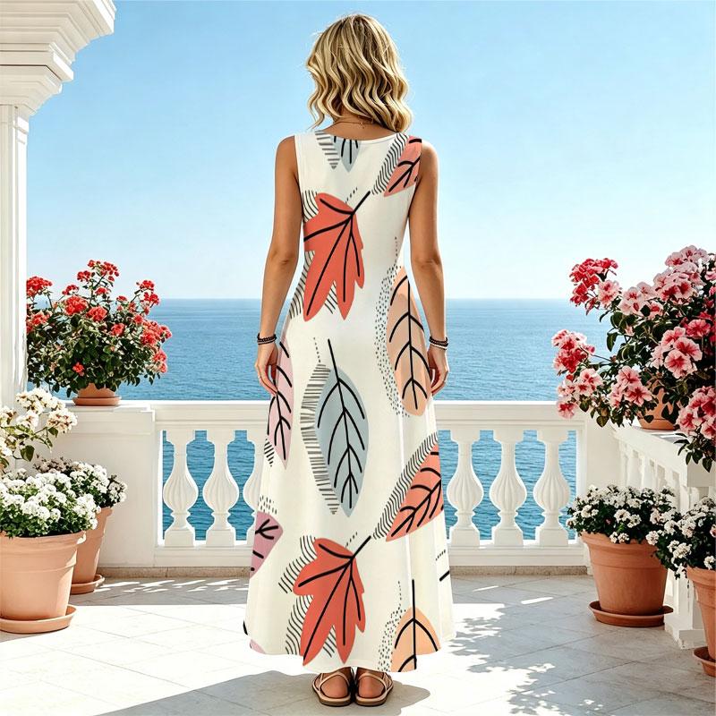 Sleeveless Leaf Pattern Maxi Dress,Lightweight Loose Fit Summer Beach Outfit,Versatile for Travel Photos & Casual Gatherings