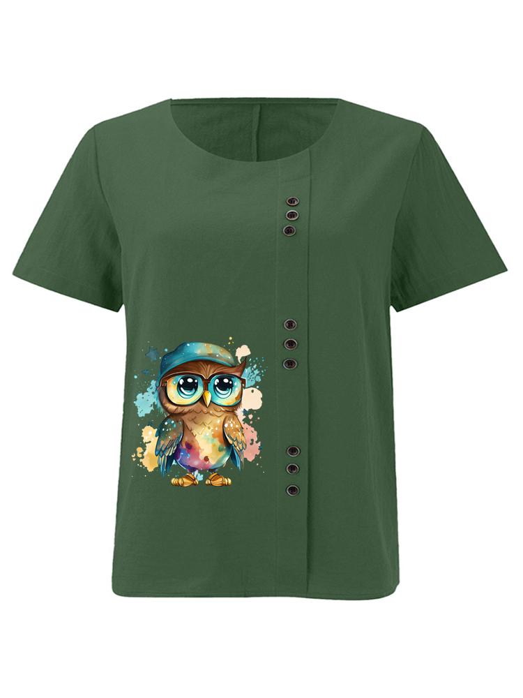 Women's Fashion Cool Owl Print Round Neck Short Sleeve T-shirt Summer Casual Cotton Linen Graphic Shirt Leisure Loose Blouse Tops