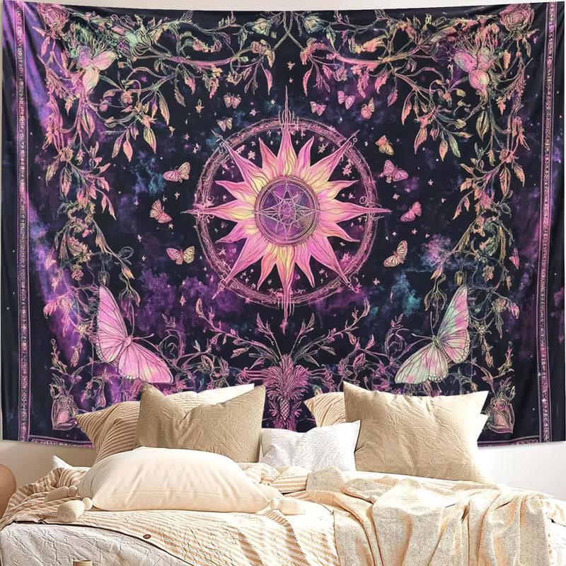 2D Mystical Sun Tapestry with Butterflies & Flowers Aesthetic Home Decor