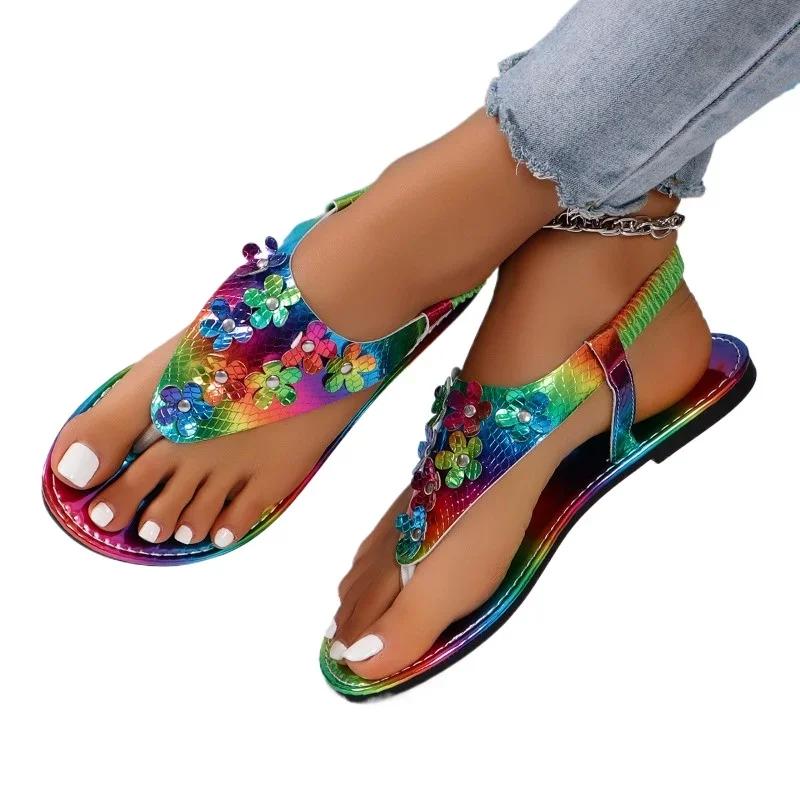 2024 Летняя высококачественная женская обувь Модные женские сандалии с блестками и цветочным декором Цветные блоки Большие размеры женской обуви