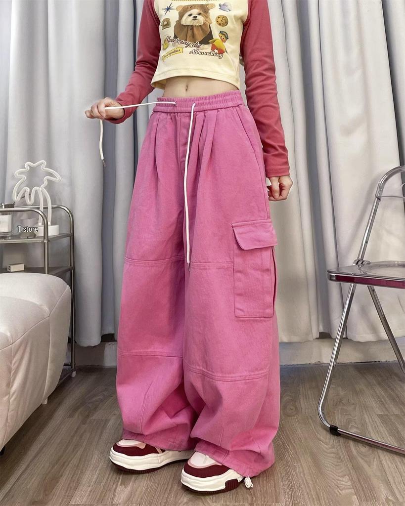 Retro High-Waisted Wide Leg Cargo Pants for Women - Street Dance Hip Hop Trousers, Straight Leg, Floor-Length