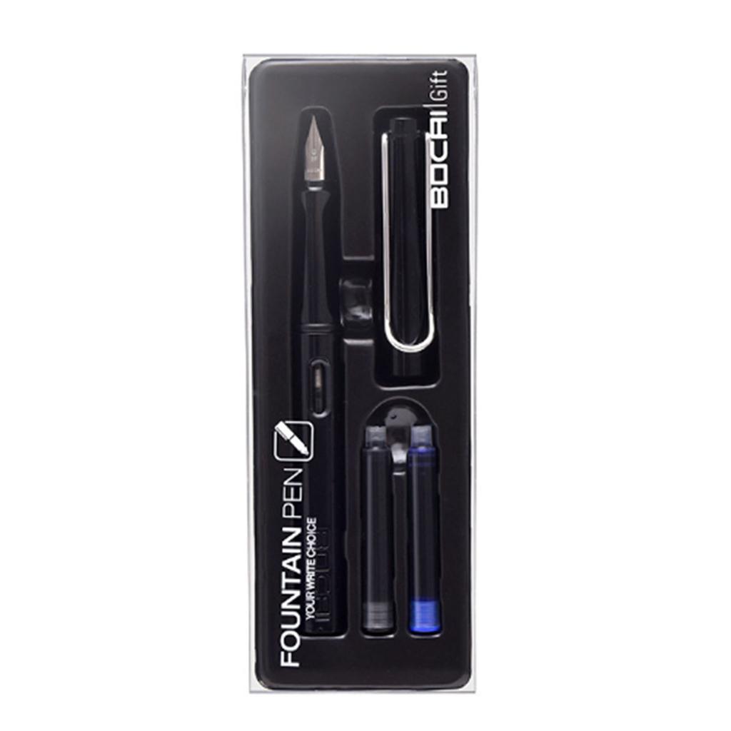 Refillable Fountain Pen with Ink Cartridge Stainless Steel Chrome Plated 0.38mm Nib Writing Pen Set Black